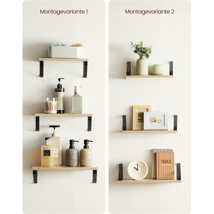 Настінна полиця VASAGLE, комплект з 6 шт., полиці-дошки, 2 способи монтажу, 30/35/40 см, для вітальні, кухні, кабінету, ванної кімнати, вінтажний коричневий + матовий чорний