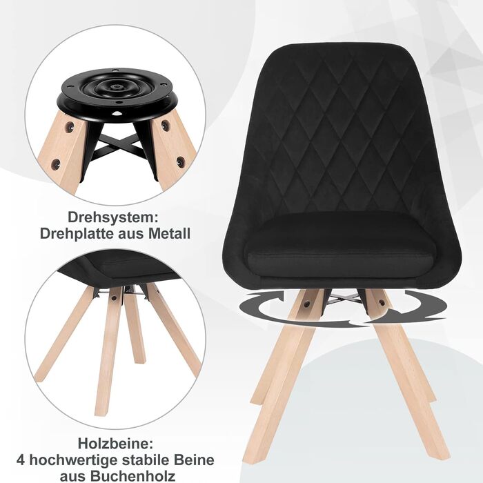 Набір обідніх стільців WOLTU (6 шт.) з м'яким оксамитовим сидінням, дерев'яними ніжками з бука, для кухні, вітальні, їдальні, до 150 кг, чорний колір