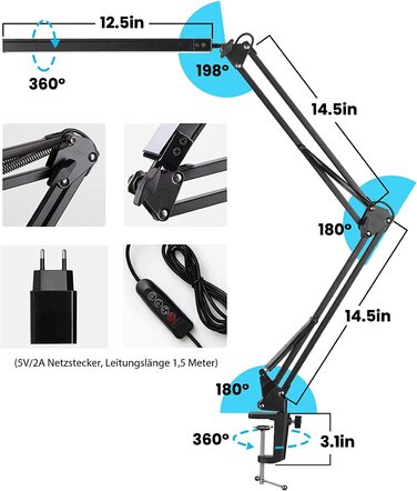 Світлодіодна настільна лампа з затискачем, 14 Вт затискна лампа з гусячою шиєю, робоча лампа для архітекторів 1100 лм 5 кольорів X 10 рівнів яскравості з регульованою яскравістю, затискна лампа для захисту очей, Офісна настільна лампа, чорний (поворотний 