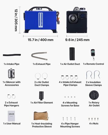 Дизельний обігрівач VEVOR 8 кВт, 12/24 В, портативний, з пультом ДУ та LCD, низький шум, бак 4,5 л для автодому/Вантажівки