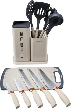 Набір ножів Karaca Gusto 12 предметів з дерев'яною підставкою та кухонними аксесуарами, з нержавіючої сталі, ергономічні ручки, кремовий колір