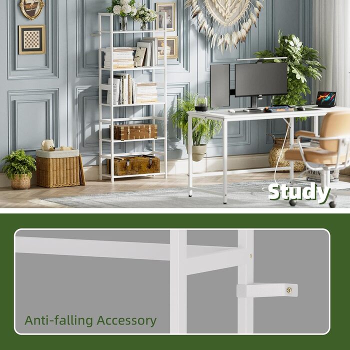 5-ярусна полиця для книг, індустріальна полиця з бамбуковим каркасом, сучасна полиця-вітрина, органайзер для зберігання з дерева для вітальні, домашнього офісу, рустичний колір (білий)