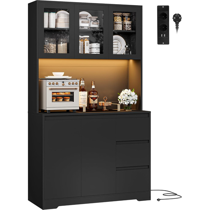 Чорний кухонний буфет з LED-підсвіткою, стільницею та 3 висувними ящиками, 180x100x38.5 см