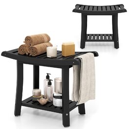 Двомісний стілець для душу HOMASIS з полицею, витримує до 170 кг, з HDPE, з 2 ручками та антиковзними накладками, для літніх людей та дорослих (Чорний)