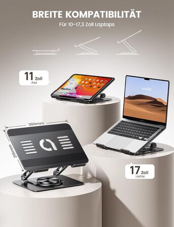 Підставка для ноутбука Lamicall, регульована - 360° обертання, складна, алюмінієва - для столу/офісу, універсальна ергономічна підставка для Macbook Pro Air, 10-17,3' (чорна)