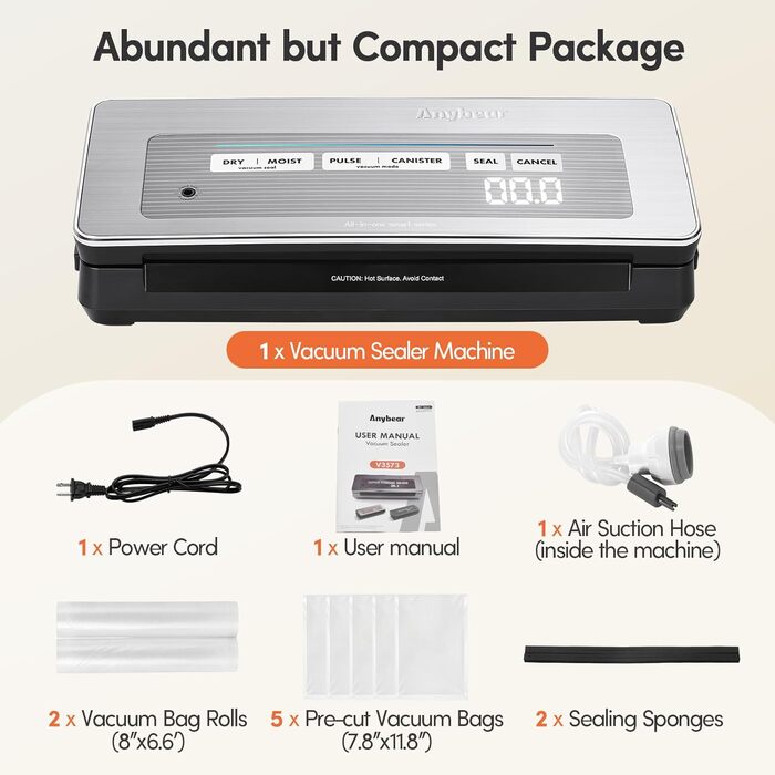 Вакууматор для продуктів сріблястий, 100 Вт, 90 кПа, з вбудованим різачем та цифровим таймером, комплект з 2 рулонами