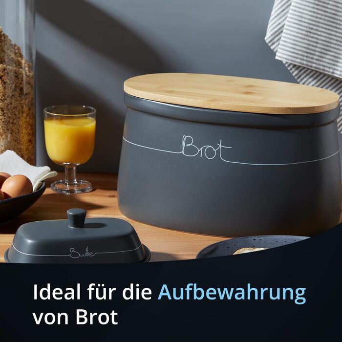 Контейнер для зберігання KHG, кераміка, сірий антрацит з дерев'яним кришкою, 4 кг, круглий, з маркуванням, 28 см & 21,5 см