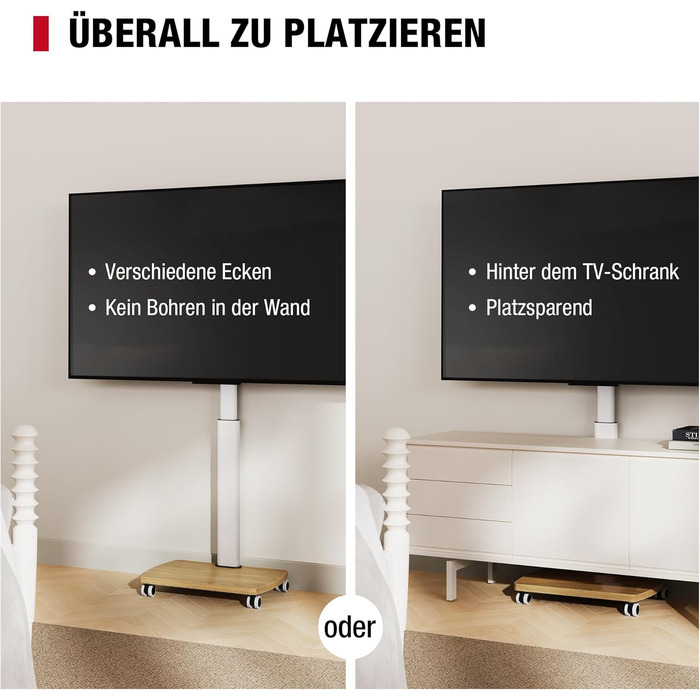 Підставка для телевізора мобільна з дерев'яною основою, поворотна, 19-42 дюйми, біла, до 20 кг, VESA 200x200 мм