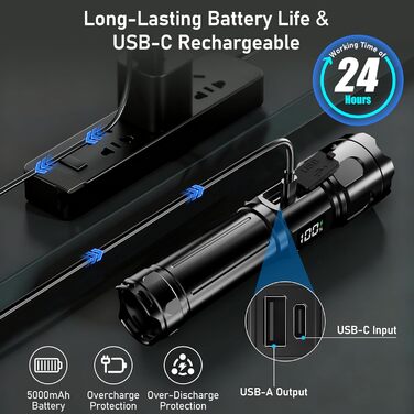 Ліхтар Blukar LED з двома температурами світла, бічним COB-підсвічуванням, регулюванням яскравості та зумом, акумуляторний, водонепроникний, 7 режимів, чорний