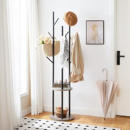 HOOBRO В'яжучий стійка для одягу, дерев'яна, з 8 гачками та 2 полицями, для вітальні, спальні, офісу, темно-коричневий/чорний