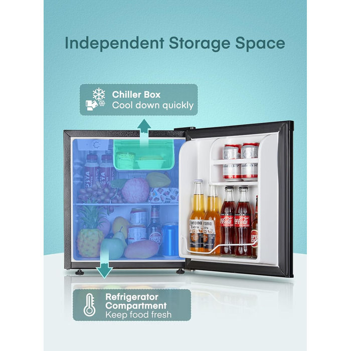 Міні-холодильник E 46L з морозильною камерою, низький рівень шуму 42 дБ, регулювання температури, колір нержавіюча сталь — для офісу, кухні та спальні