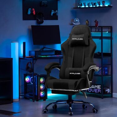 Ігрове крісло GTPLAYER з підніжкою, підголовником та масажем спини, біле (чорне, тканина)