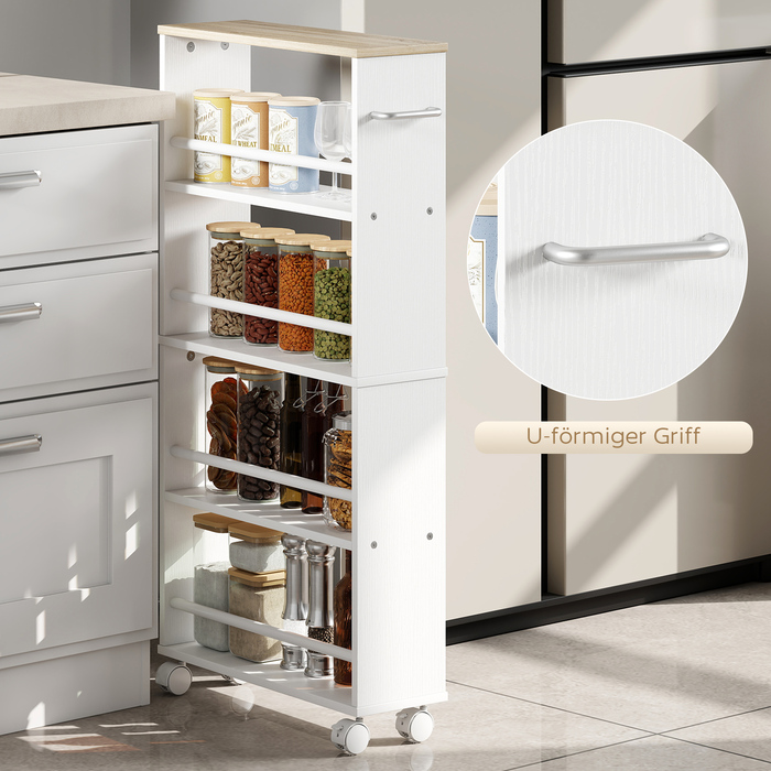 Багатофункціональна полиця на колесах, вузький дизайн, 4 відділення, 45x15x91 см, колір натуральний