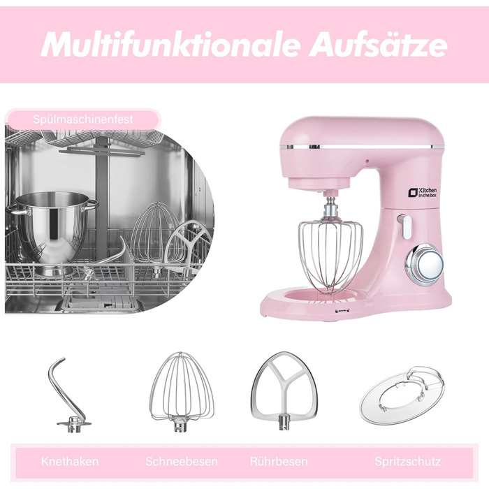 Кухонна машина Kitchen in the box рожевого кольору 6 л з 2 чашами по 3,5 л, 10 швидкостей, міксер з гаками та вінчиками