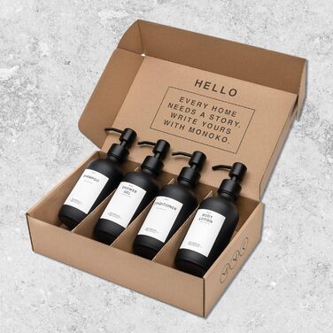 MONOKO Набір з 4 дозаторів для мила чорного матового кольору з скла, 500 мл | Дозатори для шампуню та мила для кухні | Нержавіюча сталь, з наліпками