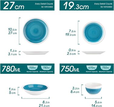 Комбінований сервіз з керамограніту, vancasso ORI, столовий сервіз на 16 предметів, круглий, на 4-12 персон (синій Ori)