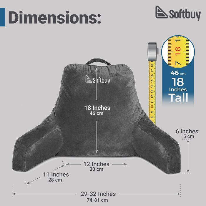 Велике читальне крісло-подушка Softbuy 78,7 см з підголовником, регульована XL-подушка для ліжка, м'яке крісло для дорослих з підлокітниками, ідеально для читання та відпочинку, велике (середнє)