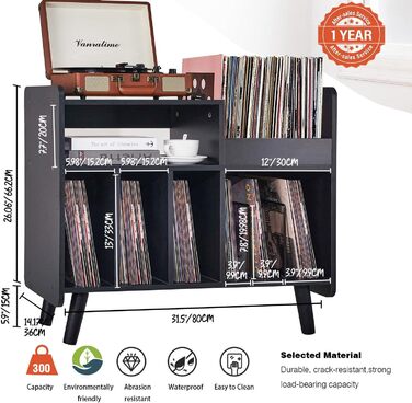 Стіл для програвача, стійка для програвача середини століття з місцем для зберігання вінілу (до 350+ платівок), шафа для вінілових платівок з регульованими полицями (Чорний)