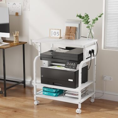 Тристопельний стіл для принтера з розеткою та USB-портами, регульовані полиці, роликовий стійка для дому/офісу, для 3D/лазерного друку, термопреса (білий, 60 см)