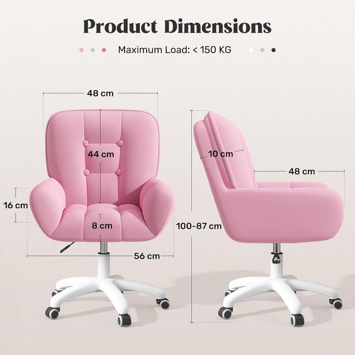 Крісло для дому та макіяжу 2-в-1, ергономічне, обертове на 360°, регульоване по висоті, для робочого кабінету або спальні (без подушки, Рожеве)