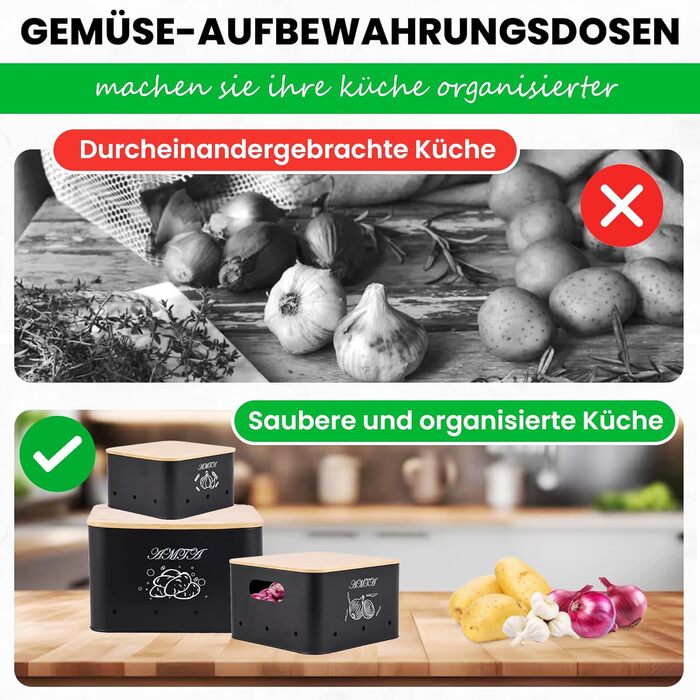 Набір контейнерів для зберігання картоплі, цибулі та часнику (3 шт) – Преміум-контейнери з циркуляцією повітря, вінтажний стиль, чорний колір