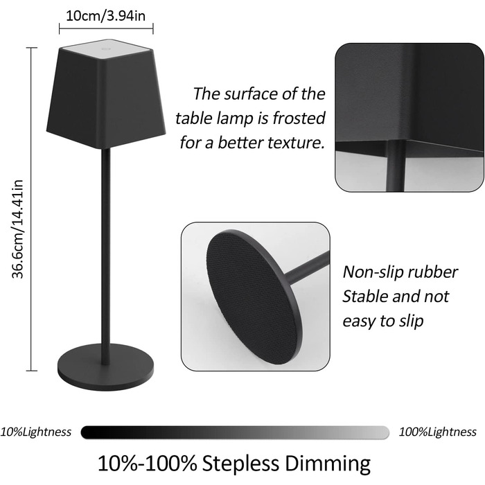 LED акумуляторна настільна лампа K-Bright з регулюванням яскравості, тепле світло, для дому та вулиці, USB-C, 3000K, чорний