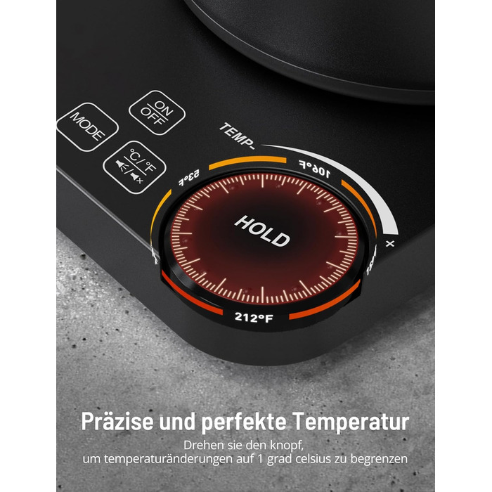 Електричний чайник PARIS RHÔNE Schwanenhals з регулюванням температури, індикатором, поворотним регулятором та функцією підтримання тепла 24 години, 0.9 л, матовий чорний