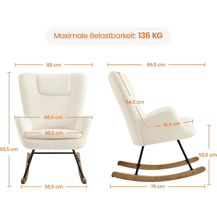 Крісло-гойдалка Yaheetech з відкидною спинкою, м'яке, до 136 кг, для вітальні/спальні/балкону, бежеве