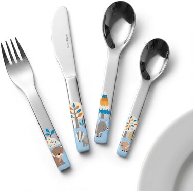 Дитячий ергономічний набір столових приборів Puresigns (4 шт.) з нержавіючої сталі 18/10 – Безпечний та довговічний – Мотиви лісових тварин (ведмедик, барсук, кабан) – Можна мити в посудомийній машині – Ідеально для малюків та тих, хто вчиться їсти