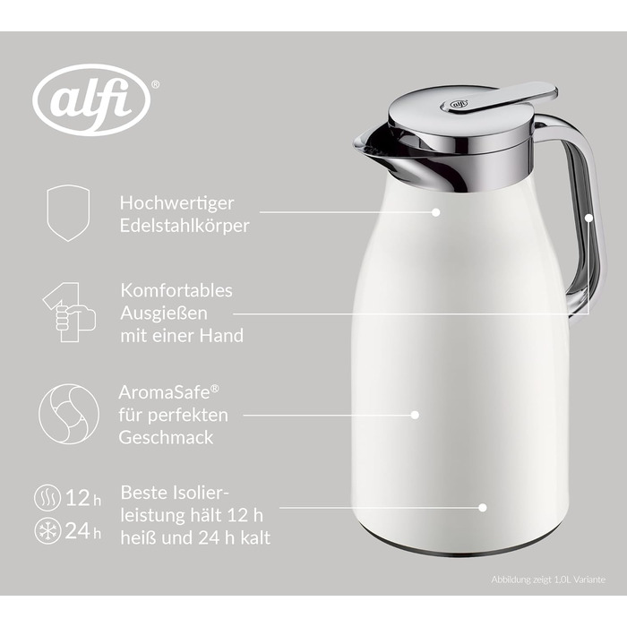 Термос Alfi SKYLINE 1,5л з нержавіючої сталі, білий матовий, з термоізоляцією та скляною вставкою