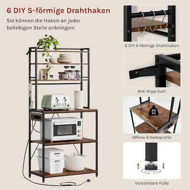 Кухонна полиця WOLTU з 6 ярусами, з розетками, для мікрохвильовки, з металевим каркасом, регульовані полиці, чорний+рустичний коричневий, 60 x 167 x 40 см (чорний+вінтажний коричневий, 80 x 39,5 x 167 см)