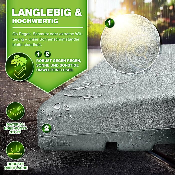 Сонцезахисний стійка Tillvex® 90 літрів / 120 кг – 4 частини для парасольки, з металевим з'єднувачем | Заповнюється водою або піском | Стійка для парасольки Tillvex® вологостійка (Сірий)