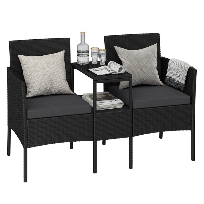 Садова лавка STEELSØN Velara з вбудованим столиком, ротангова 2-місна, чорна з подушками - вуличні меблі, стійкі до погодних умов, для тераси та балкона (до 320 кг), з скляною полицею, сталевий каркас