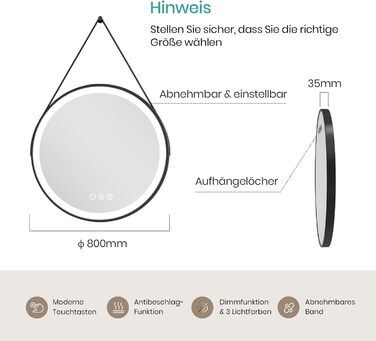 Дзеркало для ванної кімнати EMKE з підсвічуванням, діаметр 50 см, чорна рама, регульоване світло, антизапар, сенсорне управління, функція пам'яті, 80x80 см