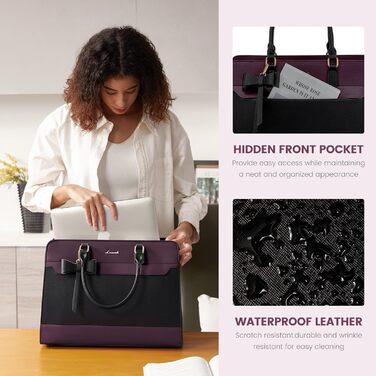 Сумка LOVEVOOK для жінок, велика, 15.6 дюймів, для ноутбука, робоча, елегантна, однотонна, шкіряна, для школи, офісу, ділових поїздок, shopper, tote bag (15.6 дюймів, фіолетово-чорна)