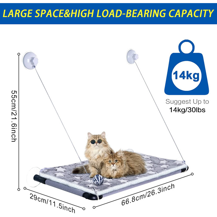 Сидіння біля вікна для кішок Petotw, міцне спальне місце біля вікна для кішок, витримує вагу до 20 кг, Гамак для кішок поставляється з 2 присосками і 1 іграшкою, підходить для всіх кішок