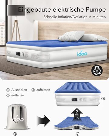 Надувний матрац iDOO Queen, самонадувне надувне ліжко з електричним повітряним насосом, надувний матрац для швидкого надування/дефляції за 3 хвилини, для туристичних походів Відпочинок 203x152x46см, синій