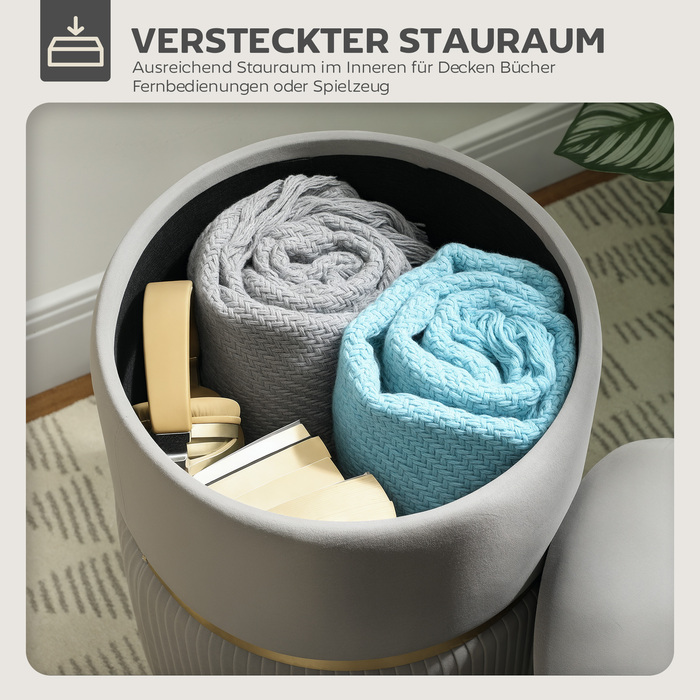 Пуф-контейнер, обтягнутий оксамитом, знімний верх, м'яке сидіння та приховане місце для зберігання, світло-сірий