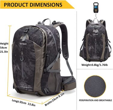 Водонепроникний рюкзак YTL для чоловіків і жінок, легкий рюкзак на відкритому повітрі об'ємом 40 л, підходить для подорожей і кемпінгу (розміри 21,3 x 13,8 x 9,1 дюйма) (Чорний камуфляж)