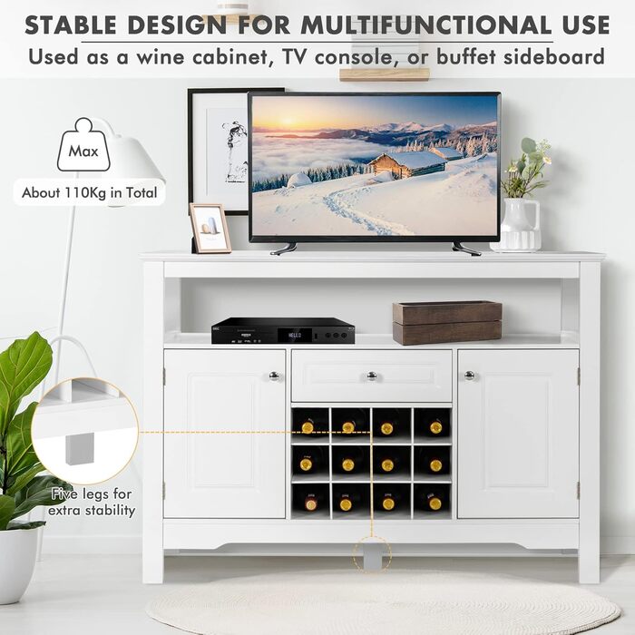 GIANTEX Буфет з полицями для вина, комод у шафу, білий, з ящиками та 2 шафами