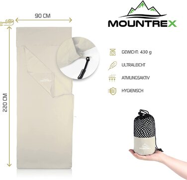 Спальний мішок для хатини MOUNTREX - спальний мішок на блискавці (220x90 см) - літній спальний мішок для відпочинку на відкритому повітрі і в приміщенні, внутрішній спальний мішок-невеликий розмір упаковки і дуже м'який (екрю)