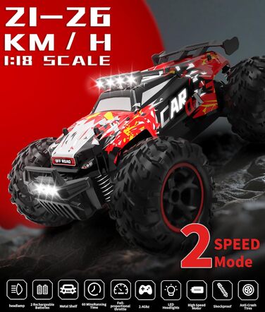 Радіокерований позашляховик Carox 1:18, 2.4 GHz, 25 км/год, червоний. RC монстр-трак з підсвіткою для гри