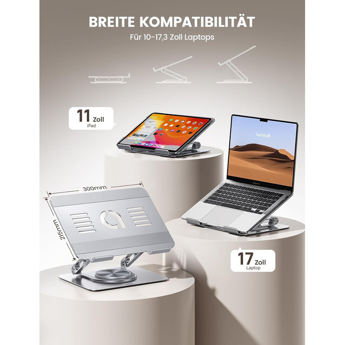 Підставка для ноутбука Lamicall, регульована - 360° обертання, складна, алюмінієва - для столу/офісу, універсальна ергономічна підставка для Macbook Pro Air, 10-17,3' - срібна