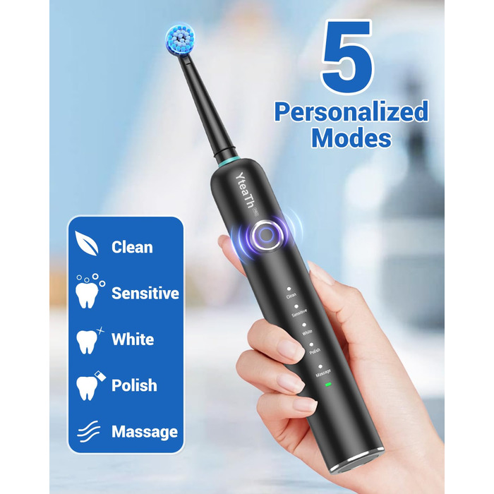 Електрична зубна щітка ротаційного типу для дорослих та дітей з 8 насадок, зарядний станція з кріпленням на стіну, 5 режимів чищення та дорожній футляр, 60 днів роботи від акумулятора, чорний