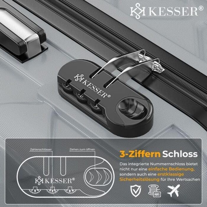 Набір валіз KESSER® 3 шт. | Валізи з ABS, з кодовим замком, ваговою шалькою та органайзером для документів | 360° колеса | Ручна поклажа та великі валізи для подорожей та бізнесу | Сірий колір