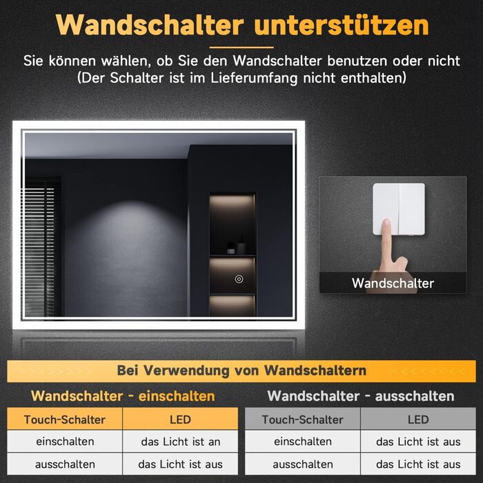 Дзеркало для ванної кімнати SONNI з підсвічуванням 80x60 см, 3 кольори світла, проти запотівання, LED, сенсорна кнопка, годинник, температура, 3-кратне збільшення