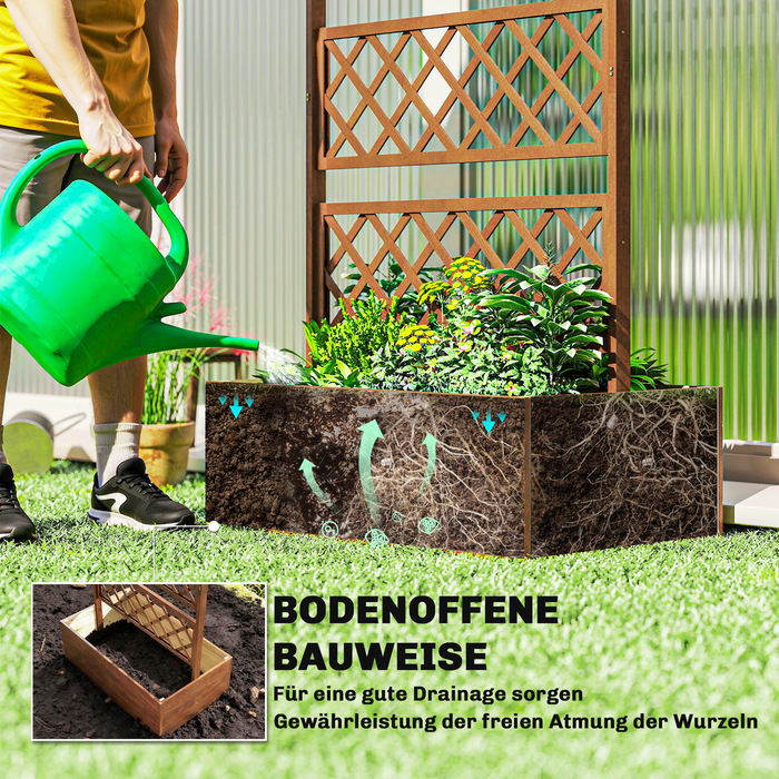 Дерев'яний ящик для квітів з опорою для ліан, кутовий, з підставкою для підтримки рослин та дашком.