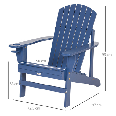 Садове крісло Outsunny Adirondack з підсклянником, масив дерева, 97 x 72.5 x 93 см, синє балконне крісло для саду та патіо