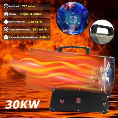 Газова теплова гармата для приміщень Ikodm, 30 кВт, 220V, 320 м³/год, з газовим шлангом 1,2м та редуктором тиску 700 мбар