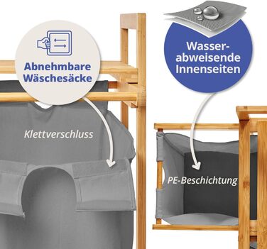 Кошик для білизни Lumaland з бамбука з 2 висувними мішками для білизни | Легкий у догляді, стійкий до вологи, легко очищується | Висота приблизно 73 см x 64 см ширина x 33 см глибина [Бежевий] 2 відділення для білизни, 2 мішки для білизни | Бежевий